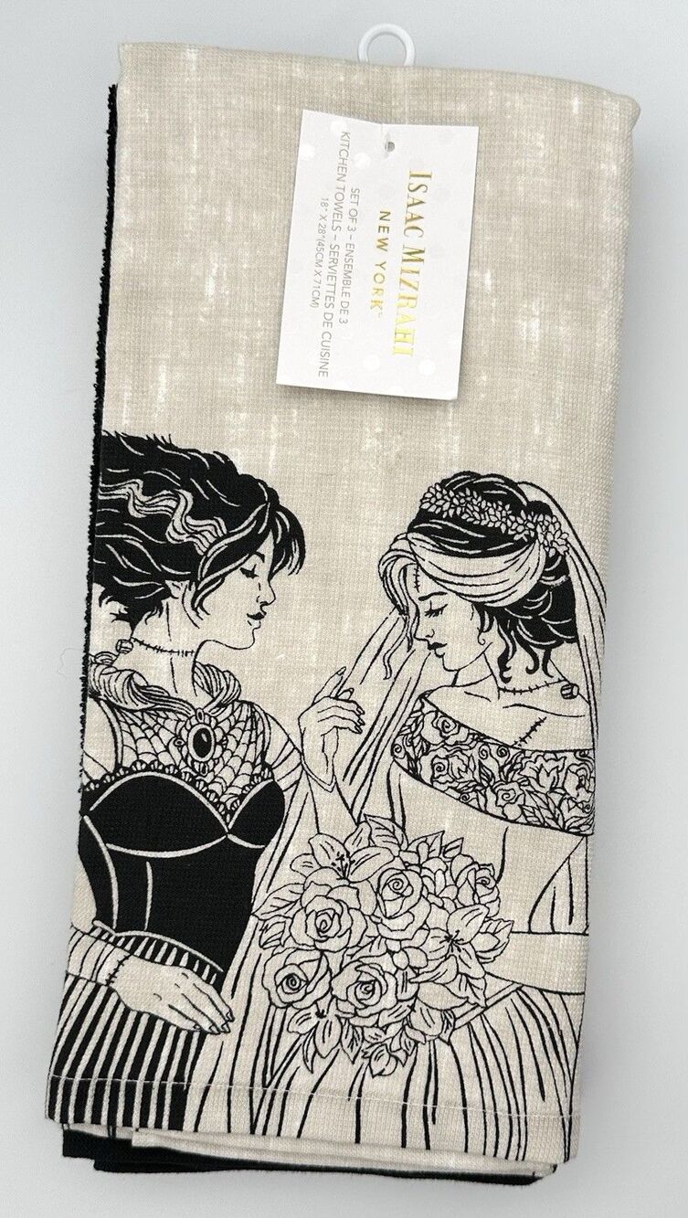 NWT Isaac Mizrahi Frankenstein Brides LGBTQ+ Couple Halloween Kitchen Towels Set